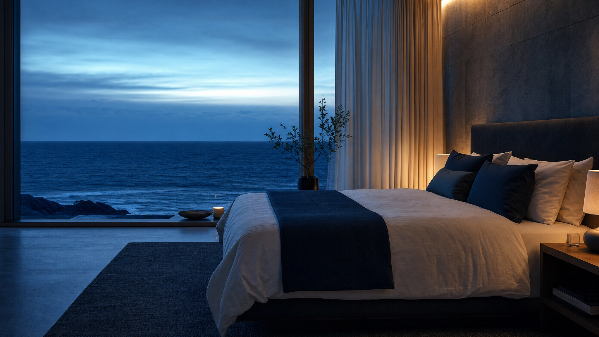 A serene oceanfront bedroom at blue hour